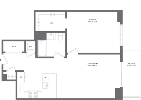 Floor plan for 1 bed, 1 bath, 805 sqft
